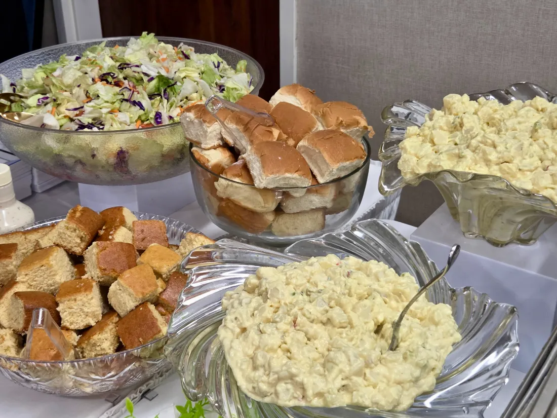 Potato salad, cornbread & rolls